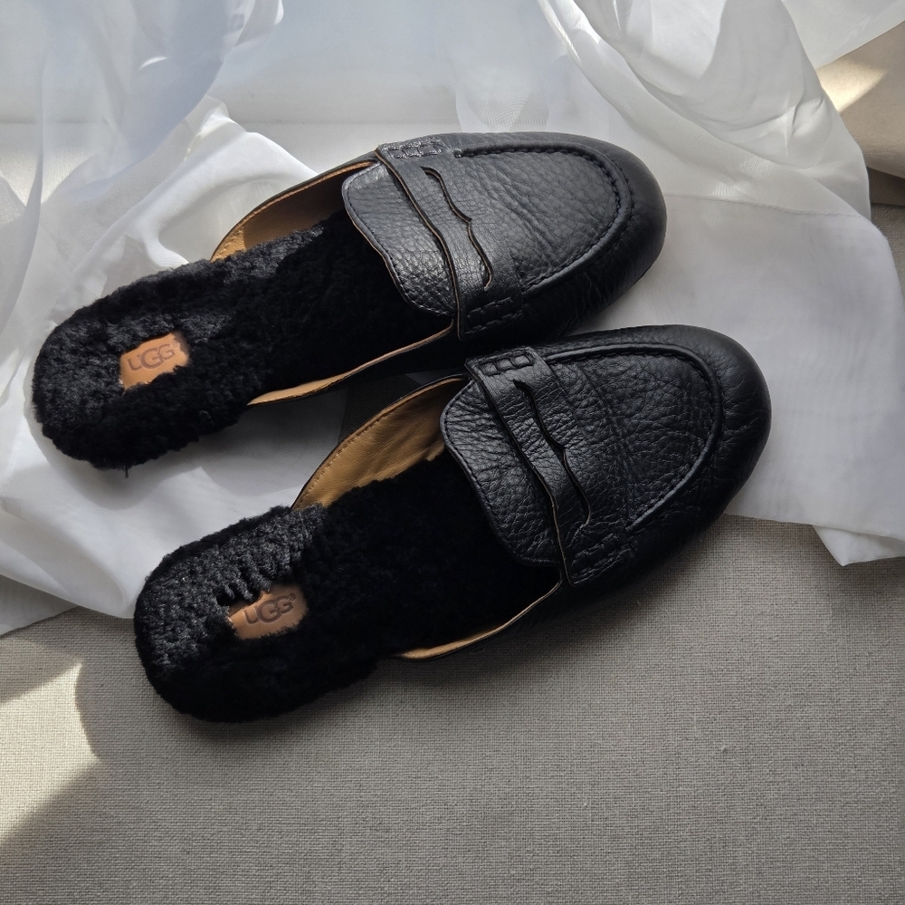 UGG Black Shearling-Lined Leather Penny Mules